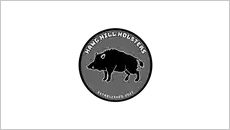 A black and white image of a hog on the front of a logo.