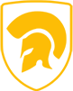 A green and yellow shield with a spartan helmet on it.